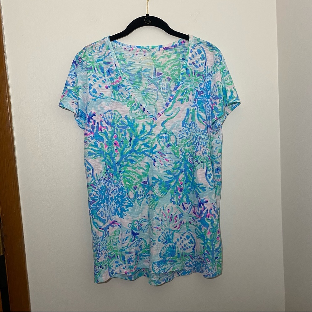 Lilly Pulitzer Etta V-Neck Short Sleeve Top Amethyst Tint Craysea Size Large